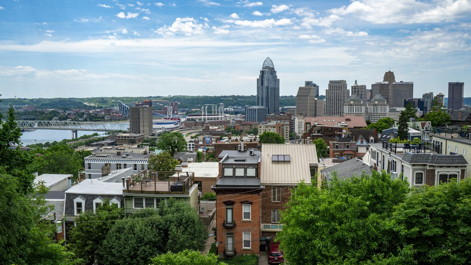 Aerial view of the downtown Cincinnati skyline along the Ohio River