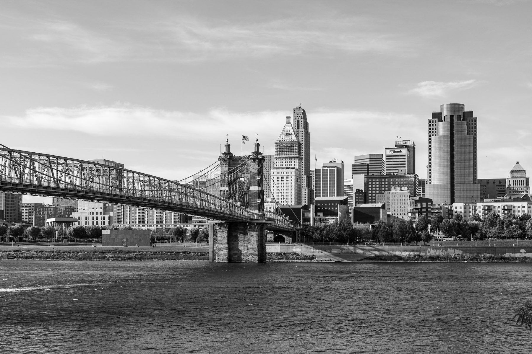 The Cincinnati skyline rising above the Ohio River