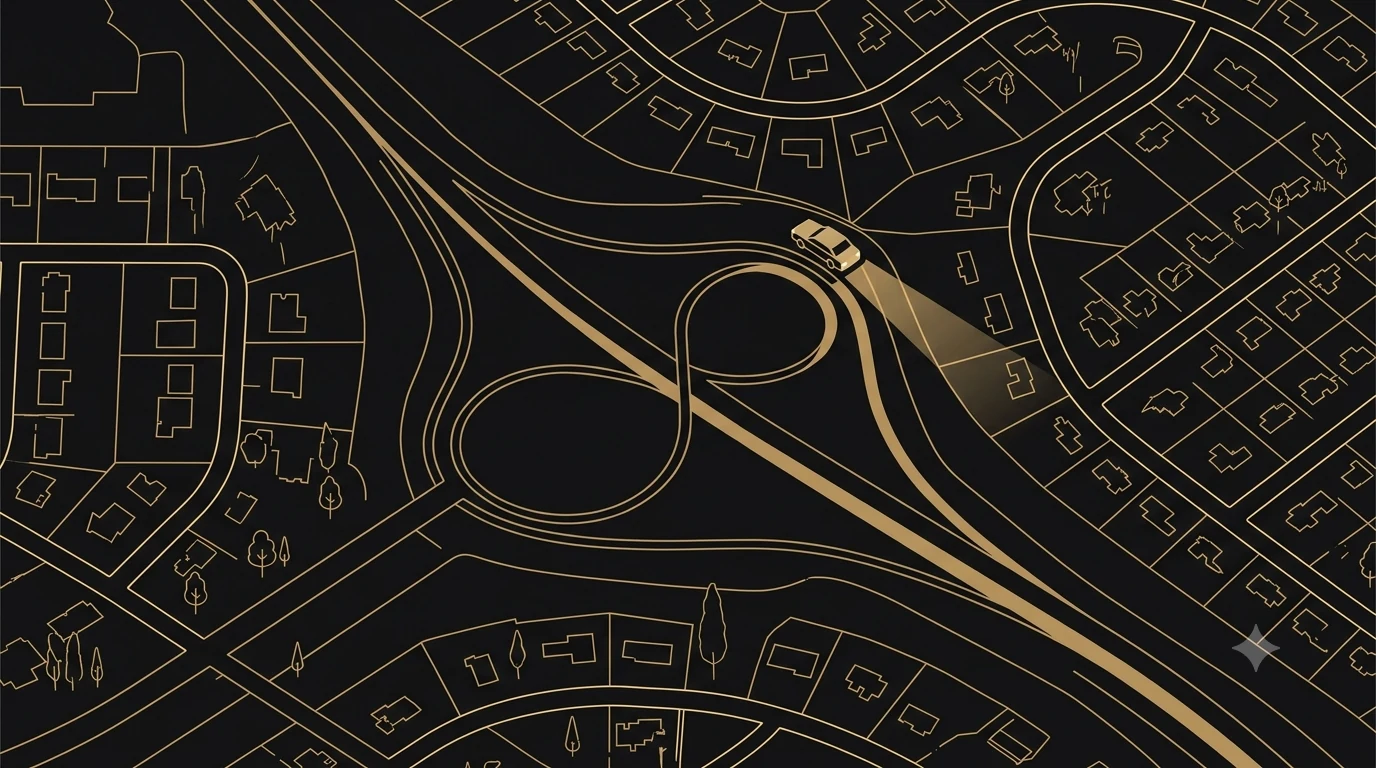 Stylized gold-on-black overhead illustration of a car approaching a cloverleaf highway interchange at night