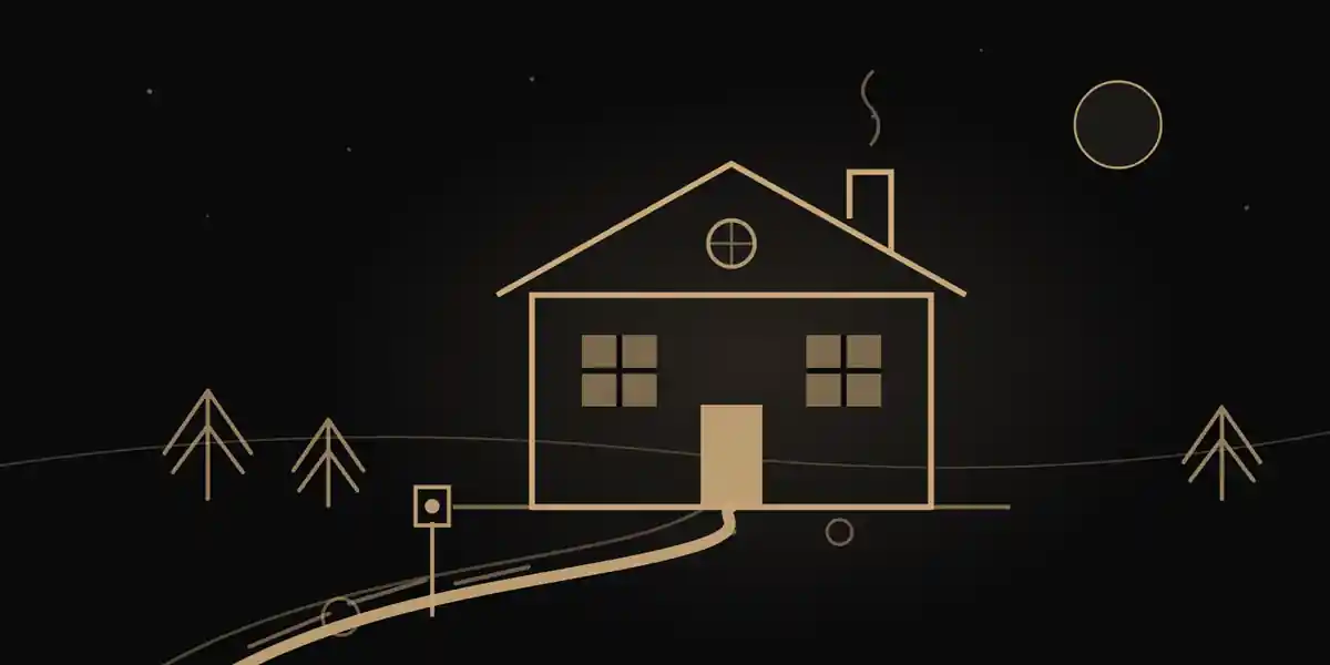Gold-on-black illustration of a house with lit windows at night, a winding path leading to the front door past trees and a lantern